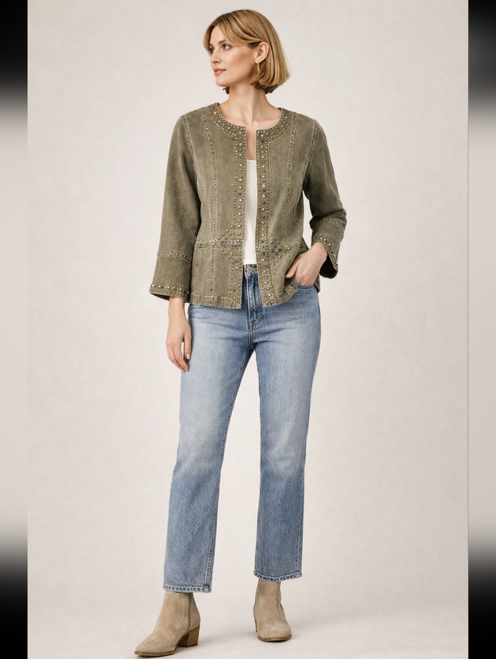 DG2 by Diane Gilman Olive Green Studded‎ Jean Jacket Hook Closures